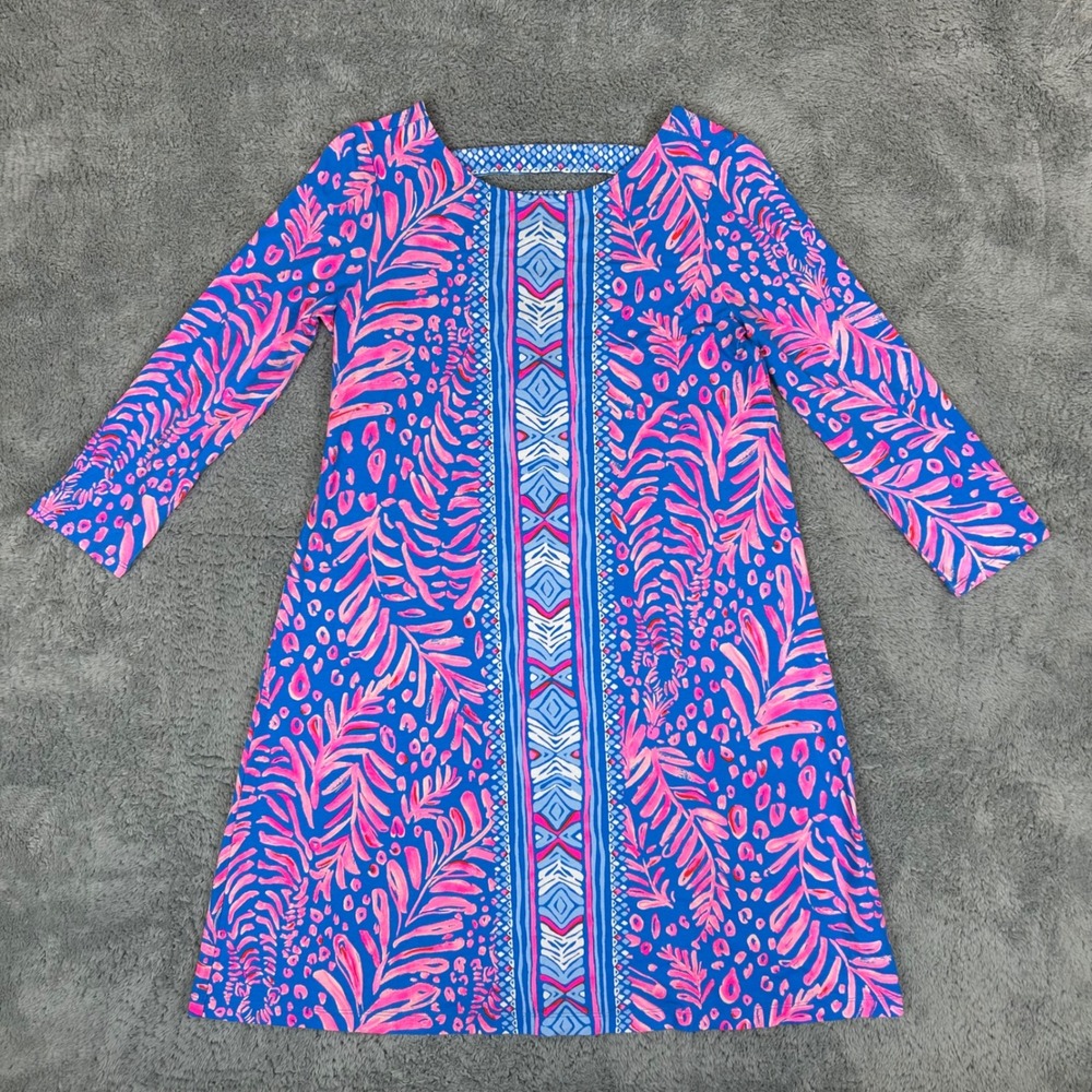 Lilly Pulitzer Blue Pink Tropical Lattice Back Shift Dress XS RN 88189